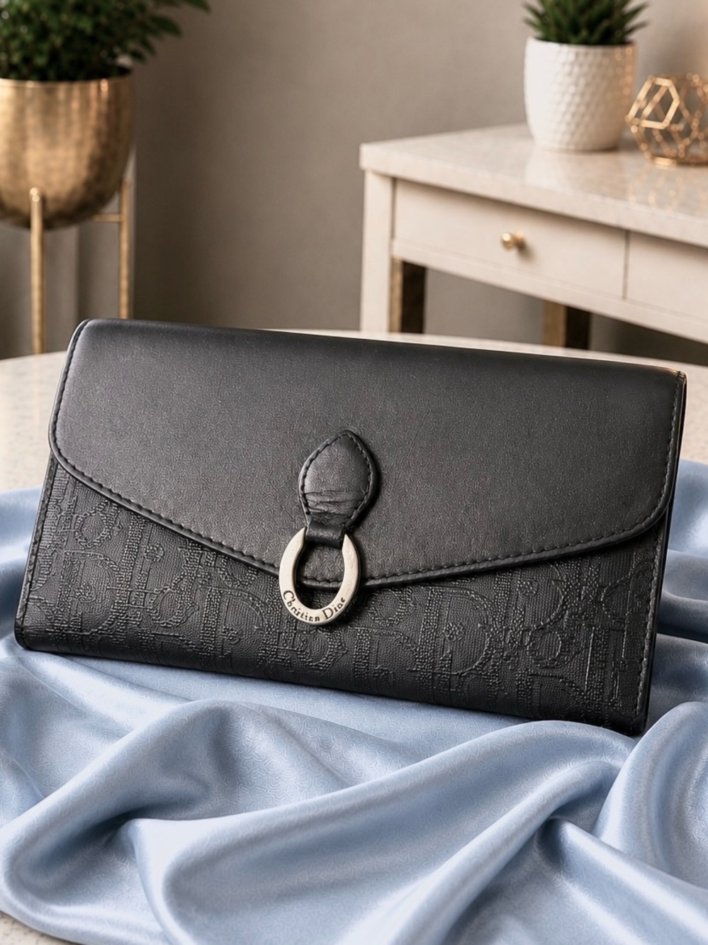 Christian Dior Black Oblique Trotter Bifold Kisslock Wallet